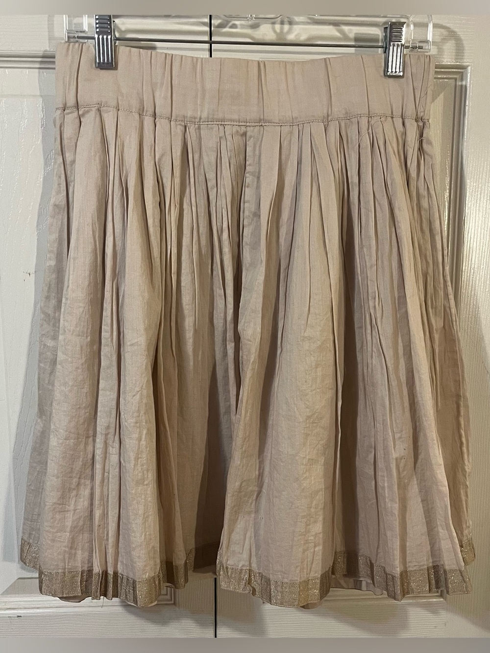 Club Monaco Skirt Pleated Cream Metallic Band Cotton Knee Length A-Line Small
